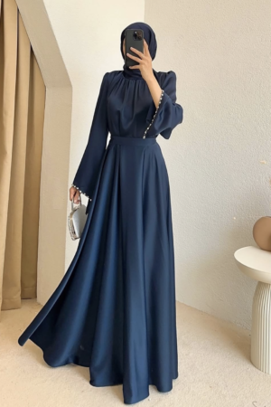 Pearl Trim Modest Evening Dress
